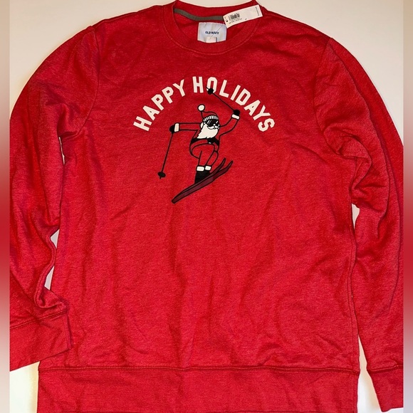 Old Navy Men’s Large Red Holiday Sweater NWT – Skiing Santa Christmas Crewneck - Picture 1 of 7